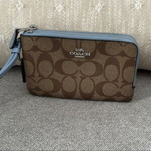 Coach Tan and Blue Signature Wristlet